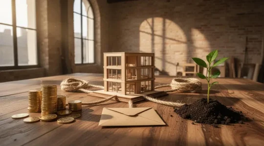 Plusieurs mains posant chacune un petit objet symbolique de financement autour d'une maquette de jeune entreprise, illustrant la diversité des sources de financement en France