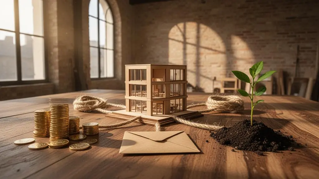 Plusieurs mains posant chacune un petit objet symbolique de financement autour d'une maquette de jeune entreprise, illustrant la diversité des sources de financement en France