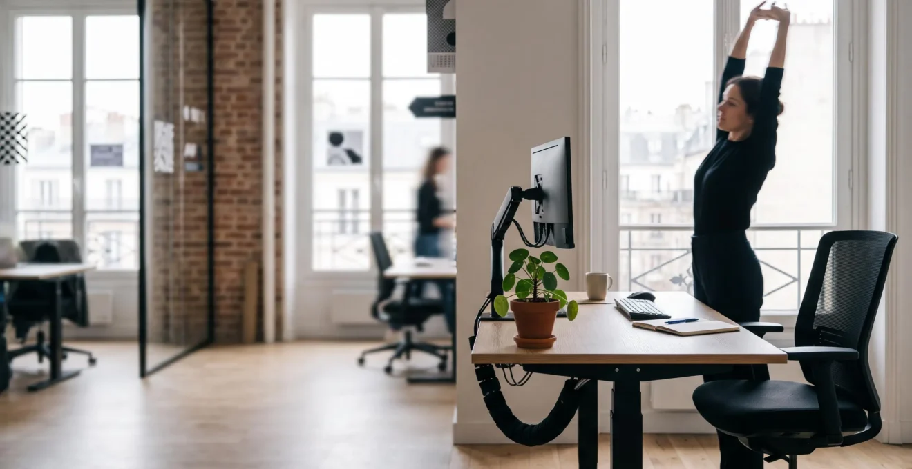 Poste de travail ergonomique dans un bureau lumineux en France, symbolisant l'amenagement anti-TMS