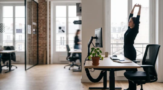 Poste de travail ergonomique dans un bureau lumineux en France, symbolisant l'amenagement anti-TMS