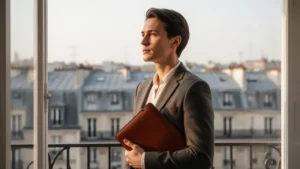 Jeune consultant francais debout pres d'une fenetre dans un espace de coworking parisien, tenant un porte-documents ferme, symbole de la construction de sa credibilite professionnelle
