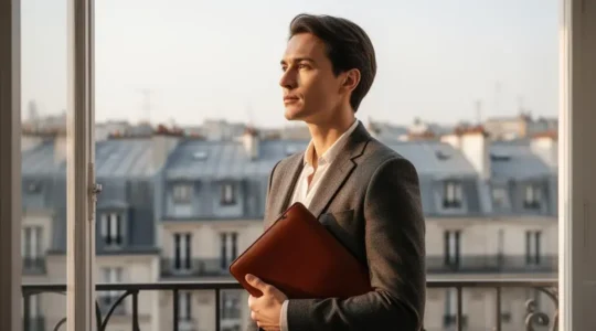 Jeune consultant francais debout pres d'une fenetre dans un espace de coworking parisien, tenant un porte-documents ferme, symbole de la construction de sa credibilite professionnelle