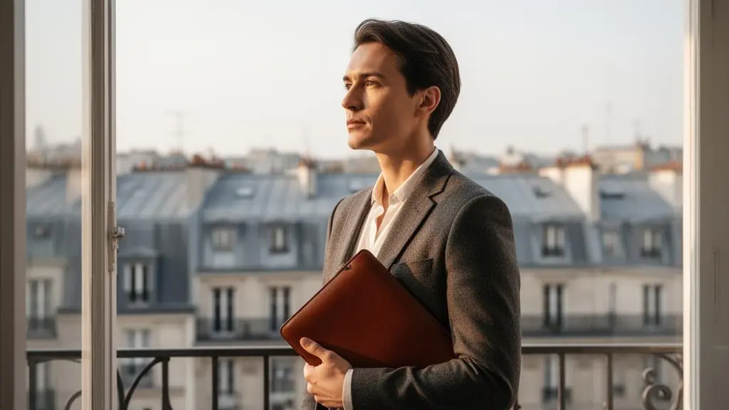 Jeune consultant francais debout pres d'une fenetre dans un espace de coworking parisien, tenant un porte-documents ferme, symbole de la construction de sa credibilite professionnelle