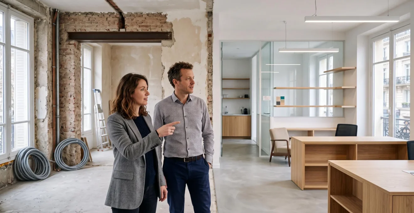 Dirigeant et architecte d'interieur consultant des plans d'amenagement de bureaux dans un espace professionnel francais lumineux
