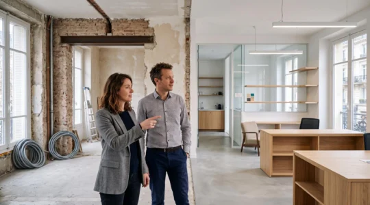 Dirigeant et architecte d'interieur consultant des plans d'amenagement de bureaux dans un espace professionnel francais lumineux