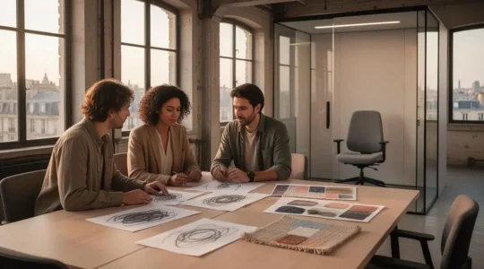 Bureau moderne parisien alliant espace collaboratif lumineux et zone de concentration calme, symbole d'un aménagement de travail performant