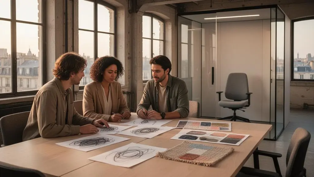 Bureau moderne parisien alliant espace collaboratif lumineux et zone de concentration calme, symbole d'un aménagement de travail performant