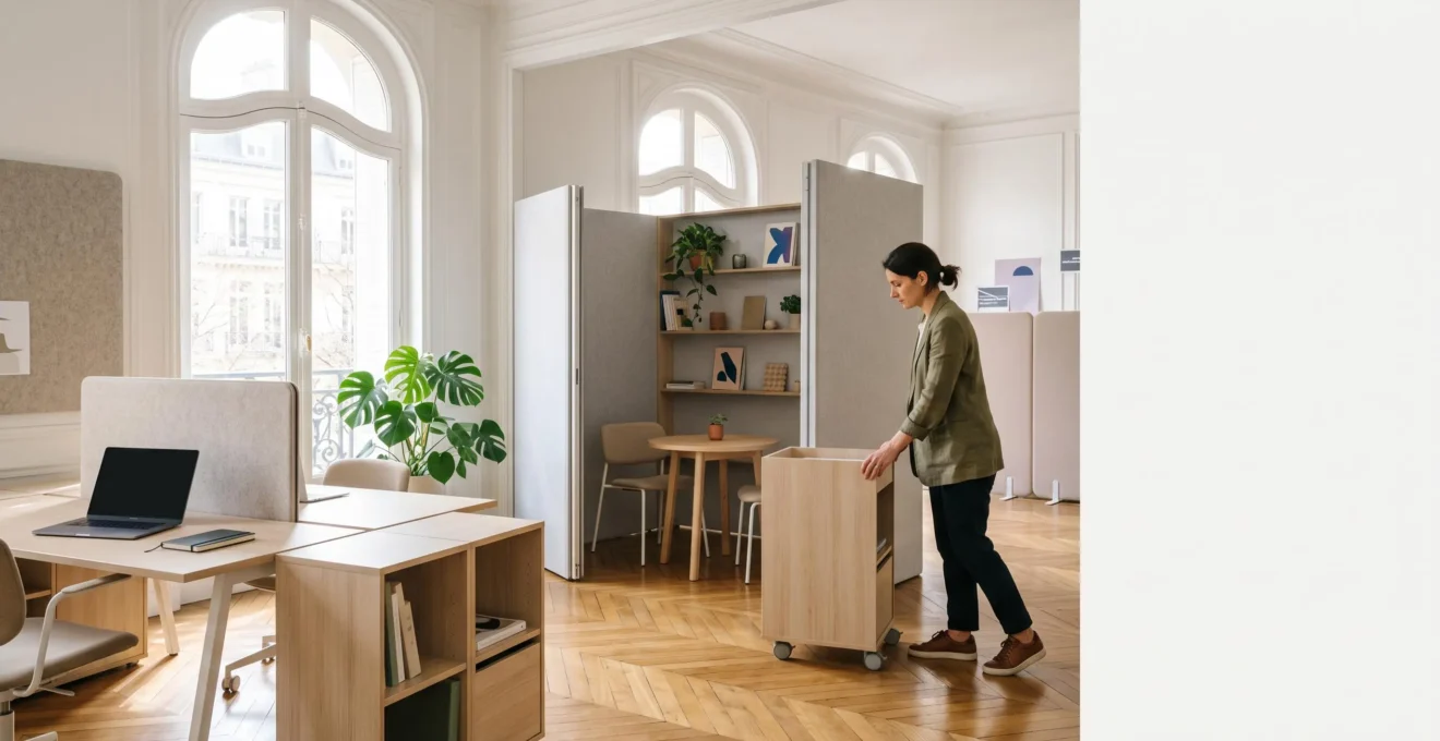 Bureau français lumineux et minimaliste illustrant l'optimisation de l'espace de travail sans agrandissement des locaux
