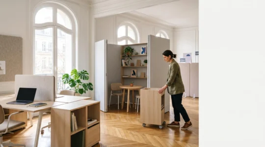Bureau français lumineux et minimaliste illustrant l'optimisation de l'espace de travail sans agrandissement des locaux