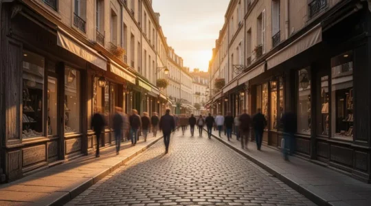 Vue éditoriale d'une rue commerçante française illustrant le choix stratégique d'un emplacement de commerce