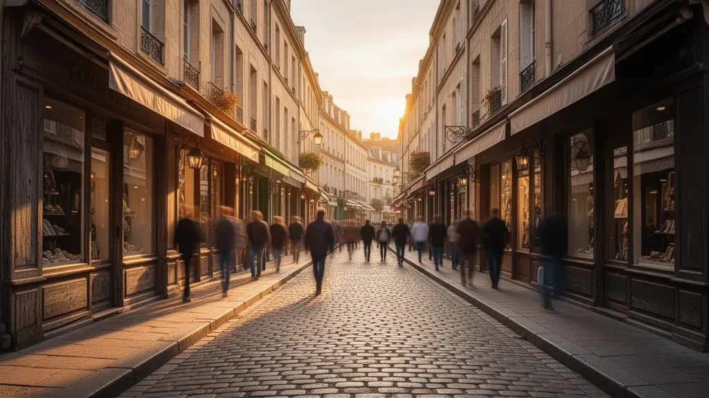 Vue éditoriale d'une rue commerçante française illustrant le choix stratégique d'un emplacement de commerce
