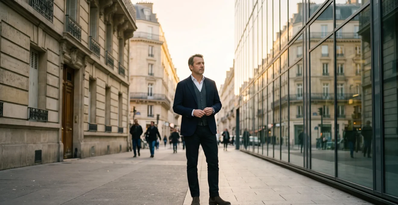 Entrepreneur français debout entre deux bâtiments symbolisant le choix entre entreprise individuelle et société pour protéger son patrimoine