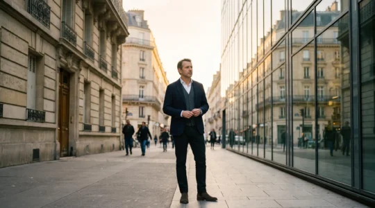 Entrepreneur français debout entre deux bâtiments symbolisant le choix entre entreprise individuelle et société pour protéger son patrimoine