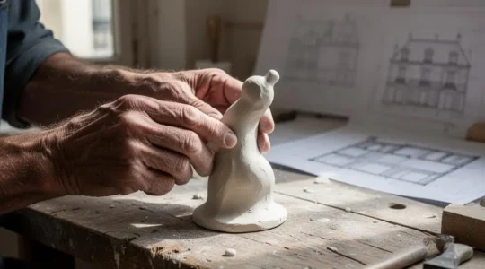 Entrepreneur non technique façonnant une maquette conceptuelle de son futur produit dans un atelier lumineux parisien