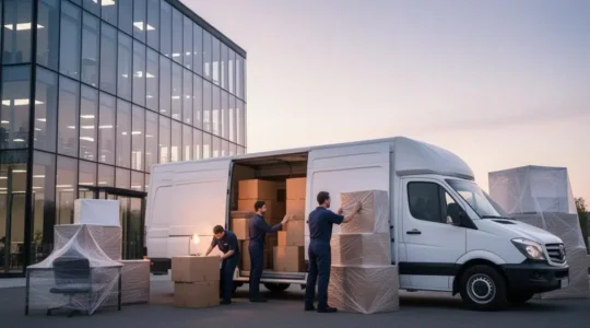 Bureaux modernes en cours de transfert avec cartons et mobilier professionnel dans une ville française