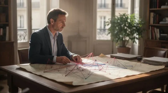 Dirigeant de PME française installé dans son bureau, observant une carte de son marché local pour organiser sa veille concurrentielle hebdomadaire