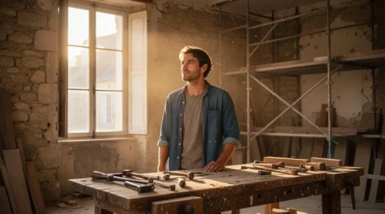 Jeune entrepreneur francais dans son atelier en cours de renovation, symbolisant le lancement d'une entreprise soutenue par des aides financieres en 2025