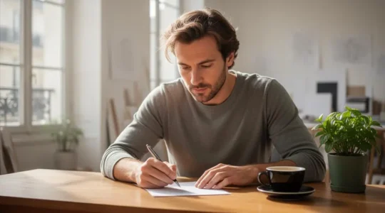 Entrepreneur francais concentre en train de construire sa strategie marketing avec un budget limite dans un atelier lumineux