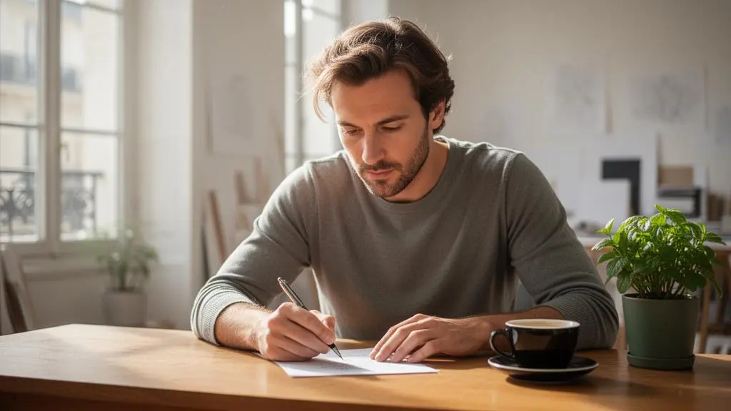 Entrepreneur francais concentre en train de construire sa strategie marketing avec un budget limite dans un atelier lumineux