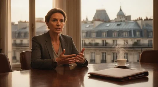 Entrepreneur presentant avec confiance son business plan a un banquier et un investisseur dans une salle de reunion francaise lumineuse