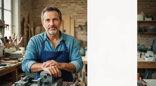 Artisan francais examinant avec attention un outil professionnel dans un atelier lumineux, symbole de reflexion sur l'investissement materiel