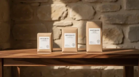 Vitrine épurée présentant trois produits artisanaux français de gammes différentes, illustrant une offre cohérente et facile à choisir