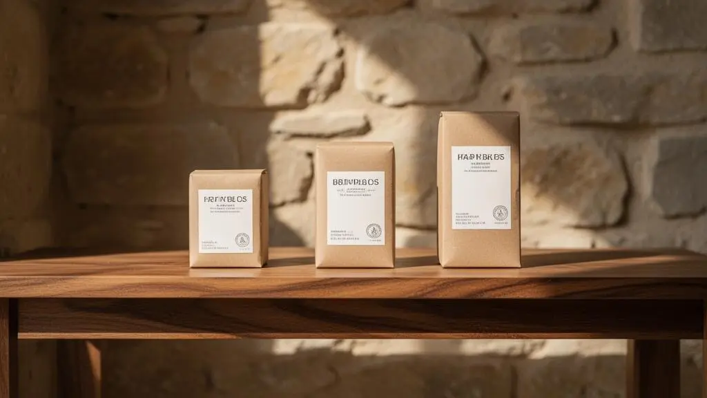 Vitrine épurée présentant trois produits artisanaux français de gammes différentes, illustrant une offre cohérente et facile à choisir