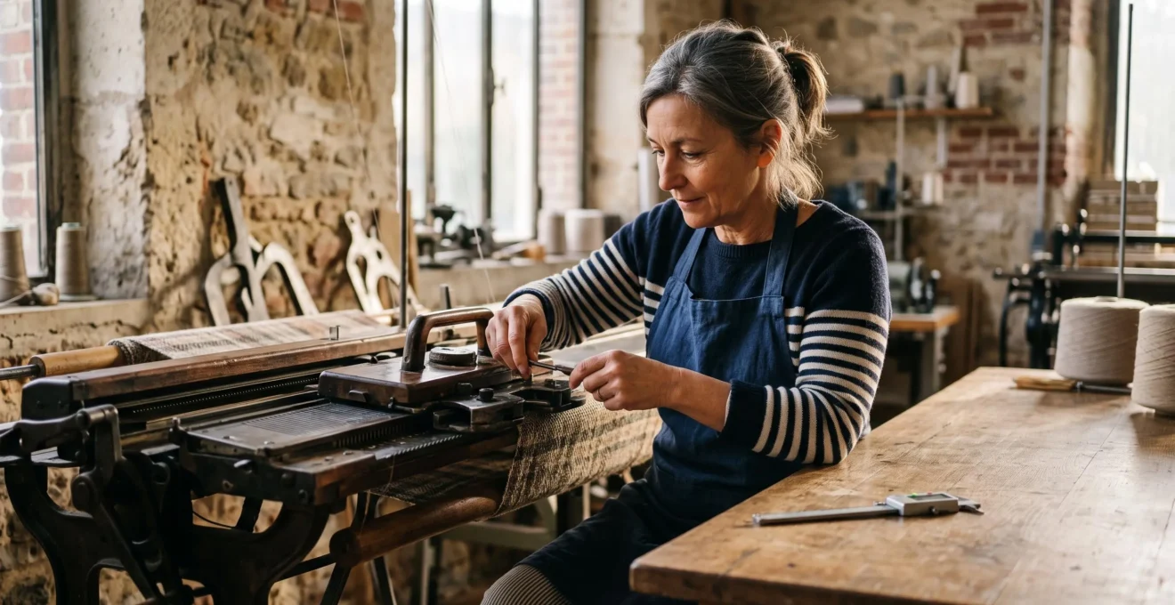 Dirigeant de PME française ajustant une machine de précision dans un atelier lumineux, symbole d'adaptation économique sans perte de rentabilité