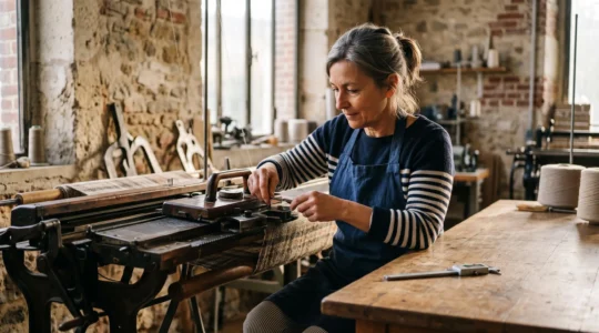 Dirigeant de PME française ajustant une machine de précision dans un atelier lumineux, symbole d'adaptation économique sans perte de rentabilité