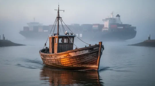 Petit bateau de pêche en bois naviguant stratégiquement dans un port français au petit matin, entre d'imposants porte-conteneurs flous en arrière-plan