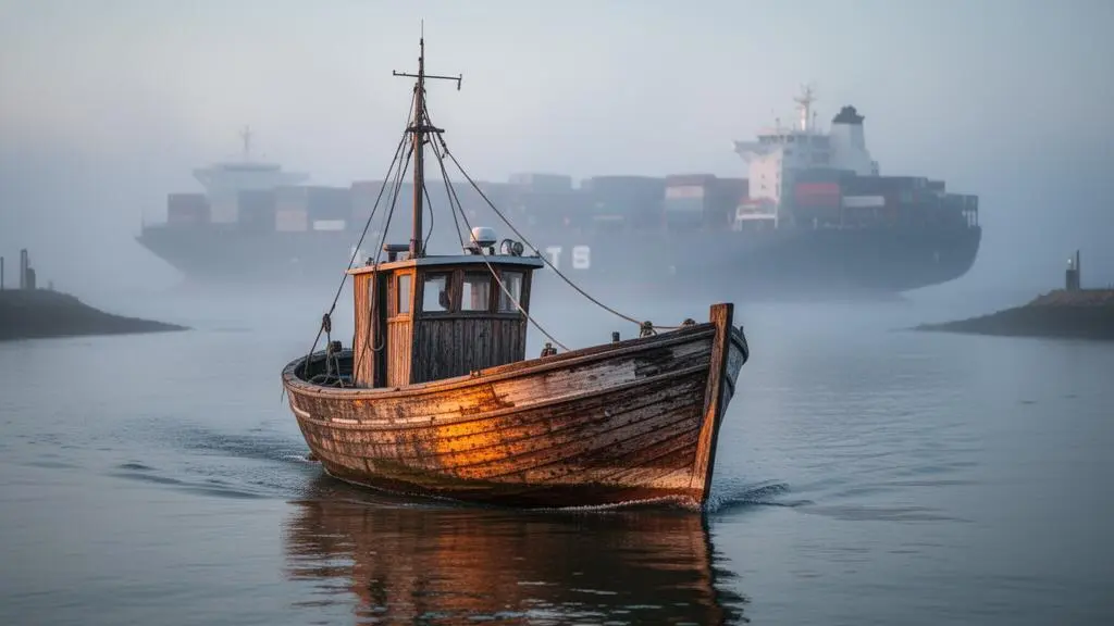Petit bateau de pêche en bois naviguant stratégiquement dans un port français au petit matin, entre d'imposants porte-conteneurs flous en arrière-plan