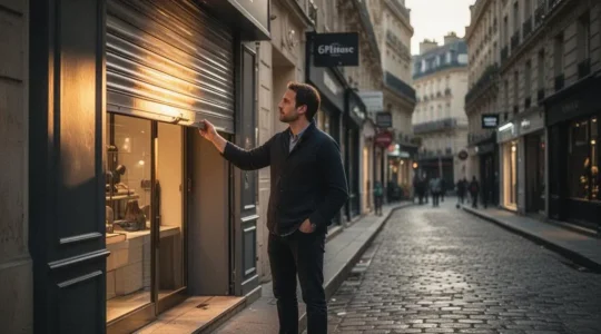 Entrepreneur francais ouvrant le rideau metallique de son commerce au petit matin, symbole du lancement d'une nouvelle entreprise
