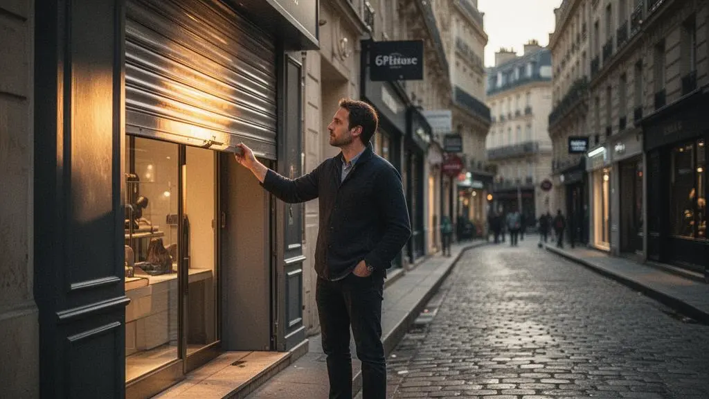 Entrepreneur francais ouvrant le rideau metallique de son commerce au petit matin, symbole du lancement d'une nouvelle entreprise