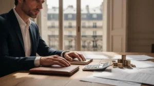 Entrepreneur français concentré sur la construction de son prévisionnel financier sur 3 ans dans un bureau lumineux