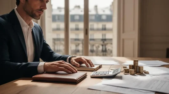 Entrepreneur français concentré sur la construction de son prévisionnel financier sur 3 ans dans un bureau lumineux