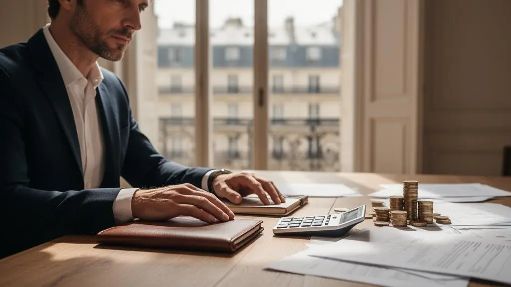 Entrepreneur français concentré sur la construction de son prévisionnel financier sur 3 ans dans un bureau lumineux