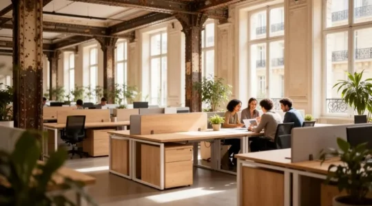 Bureau français réaménagé avec espaces de travail optimisés et lumière naturelle, illustrant la densification d'un open space