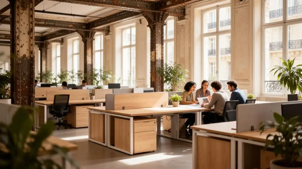 Bureau français réaménagé avec espaces de travail optimisés et lumière naturelle, illustrant la densification d'un open space