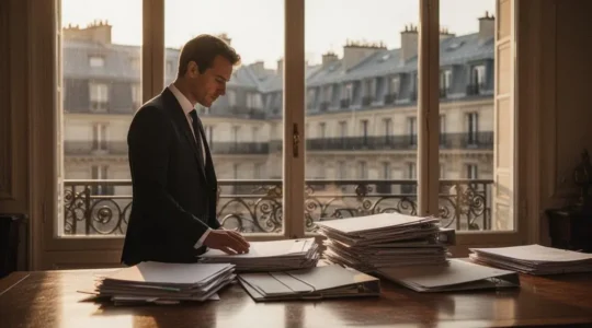 Entrepreneur francais consultant un planning de creation d'entreprise dans un bureau lumineux au style haussmannien