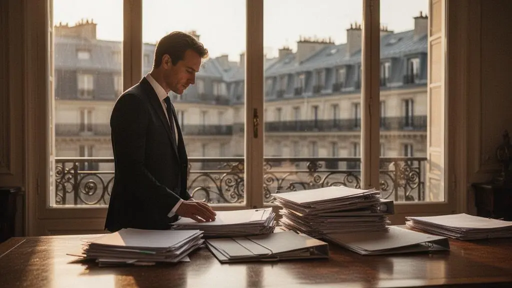 Entrepreneur francais consultant un planning de creation d'entreprise dans un bureau lumineux au style haussmannien
