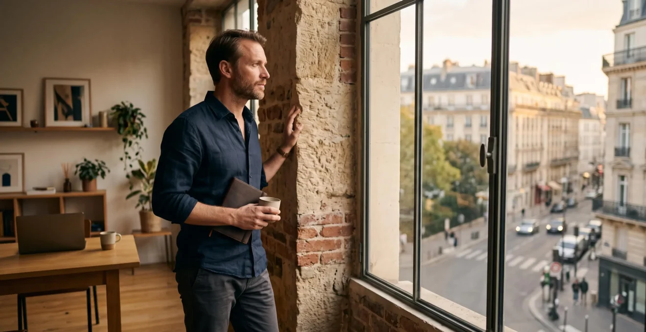 Entrepreneur francais evaluant avec lucidite les chances de reussite de son projet, entre determination et reflexion strategique