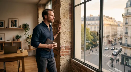 Entrepreneur francais evaluant avec lucidite les chances de reussite de son projet, entre determination et reflexion strategique