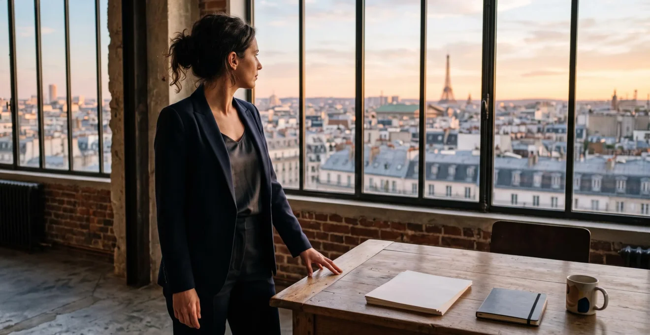Entrepreneur francais reflechissant a la croisee de plusieurs chemins symbolisant les competences a maitriser