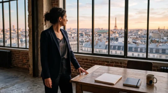 Entrepreneur francais reflechissant a la croisee de plusieurs chemins symbolisant les competences a maitriser