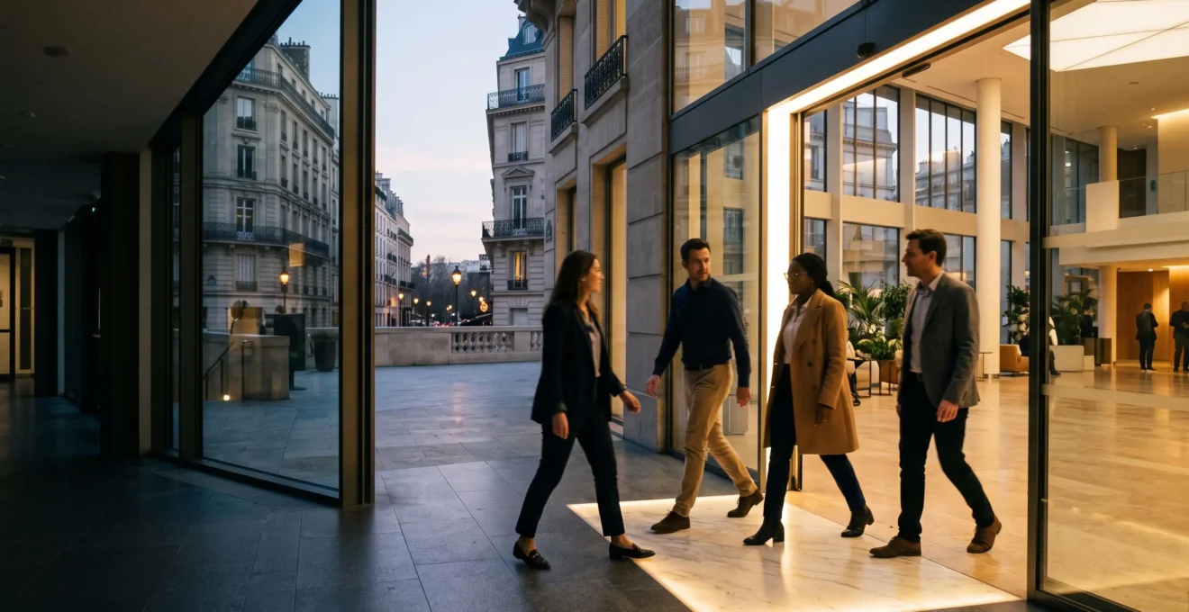 Silhouettes de collaborateurs franchissant un seuil lumineux symbolisant le passage du seuil des 50 salariés en France
