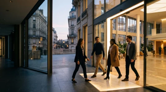 Silhouettes de collaborateurs franchissant un seuil lumineux symbolisant le passage du seuil des 50 salariés en France