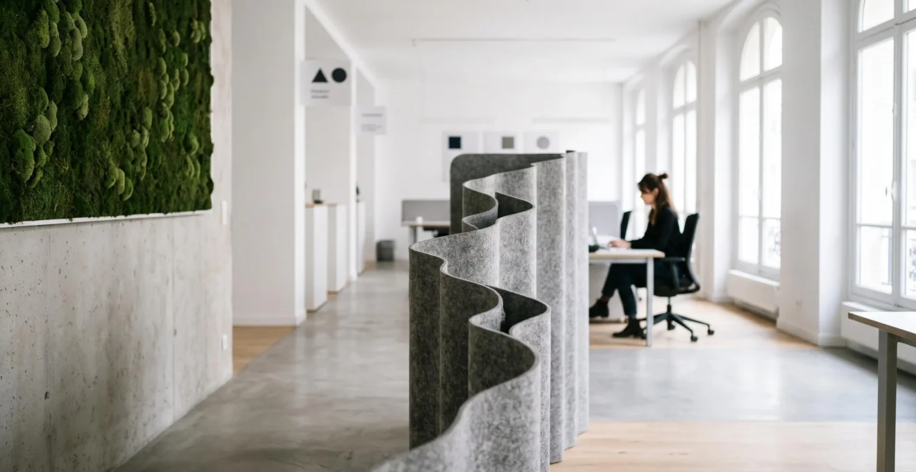 Bureau français lumineux et épuré où des éléments naturels absorbent visuellement le bruit ambiant