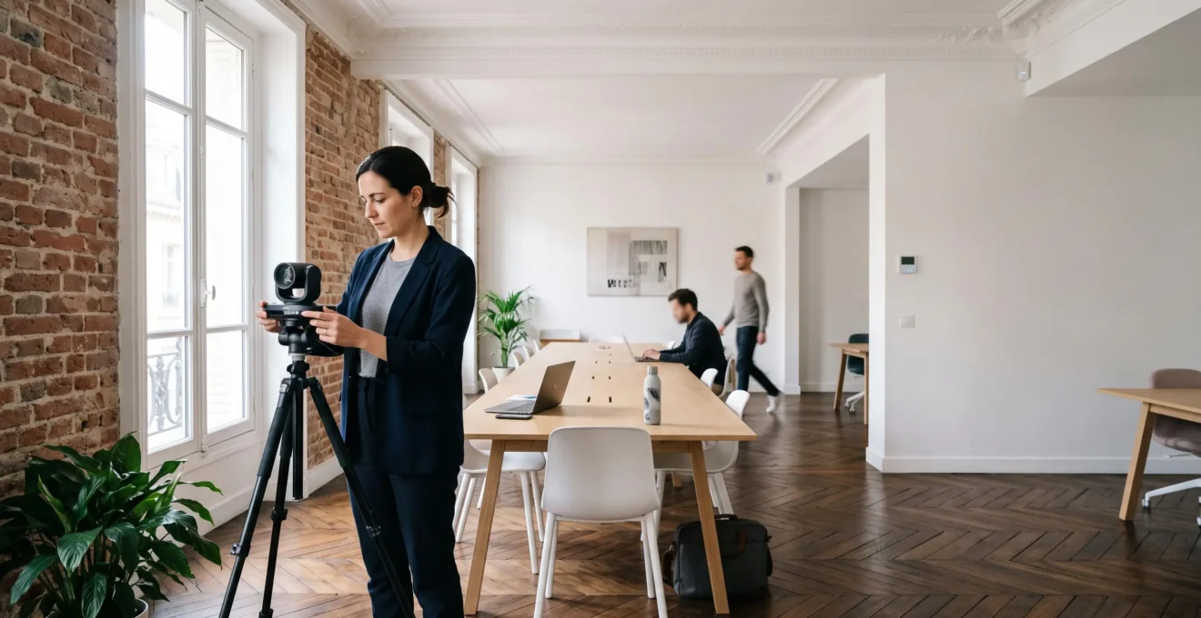 Bureau francais moderne transforme en smart office avec equipement technologique discret et design epure