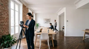 Bureau francais moderne transforme en smart office avec equipement technologique discret et design epure