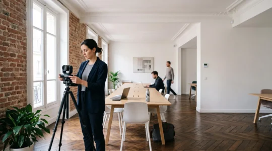 Bureau francais moderne transforme en smart office avec equipement technologique discret et design epure